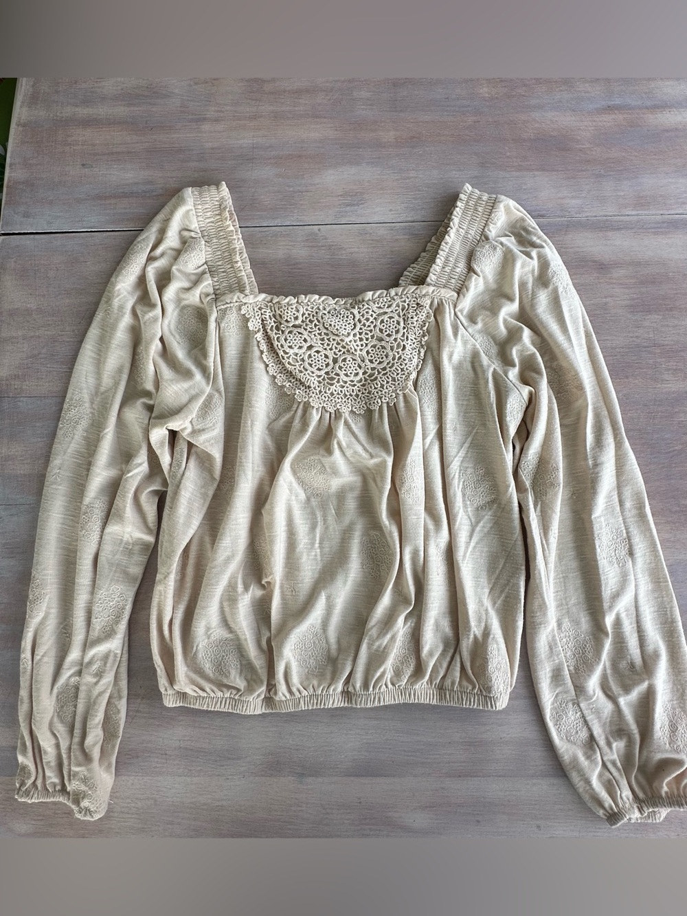 boho crochet beachy Alya cream spring 3/4 sleeve blouse XS